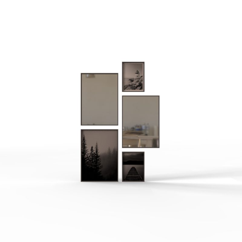 Modern photo frames in multiple colors including black, white, and teak